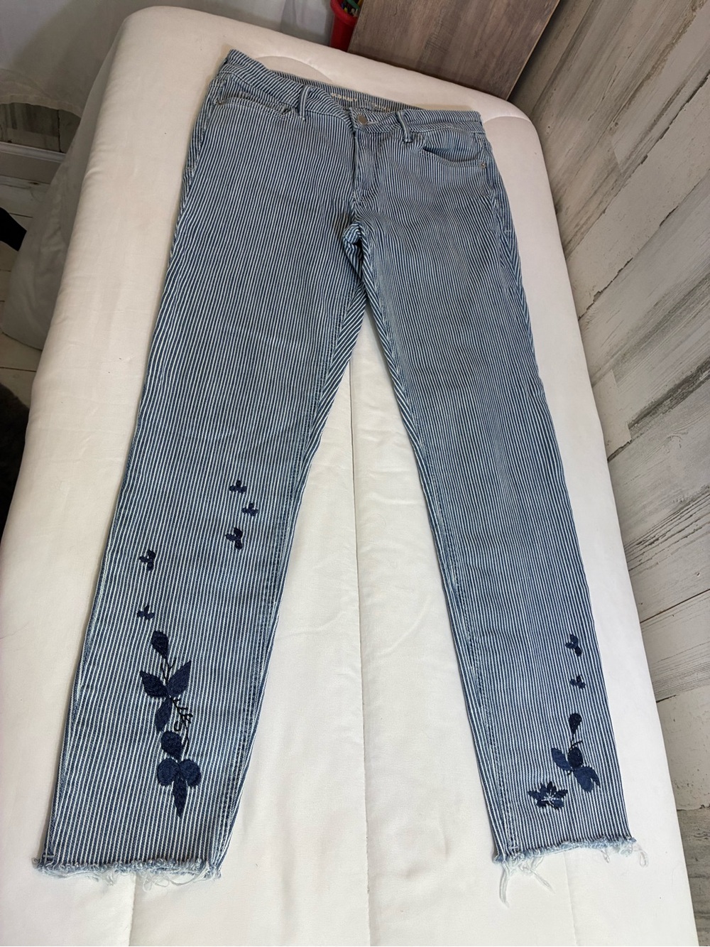 Old Navy ROC Blue & White Striped Straight-Leg Jeans with Navy Floral Embroidery